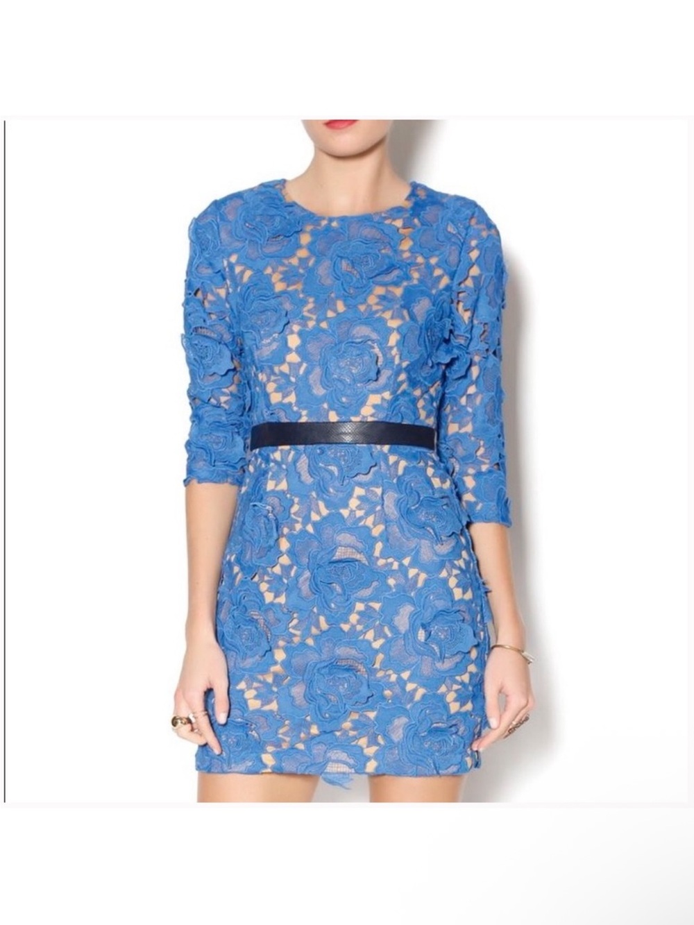 Blue Floral Lace Sheath Dress with Belt